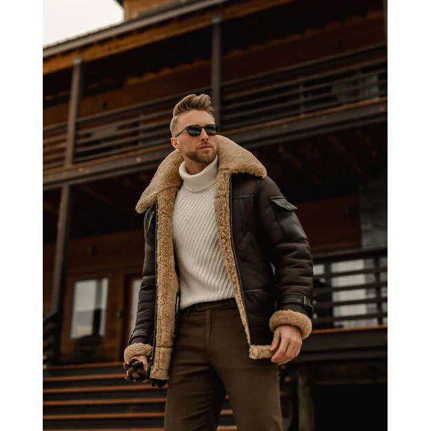 Men’s B3 Shearling Leather Jacket - Vintage Aviator Bomber Coat | MSJ4 - Image 4