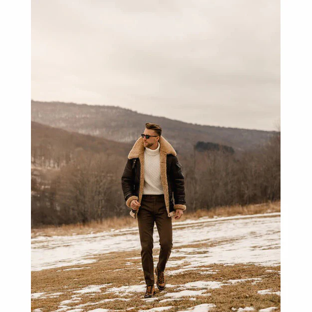 Men’s B3 Shearling Leather Jacket - Vintage Aviator Bomber Coat | MSJ4 - Image 3