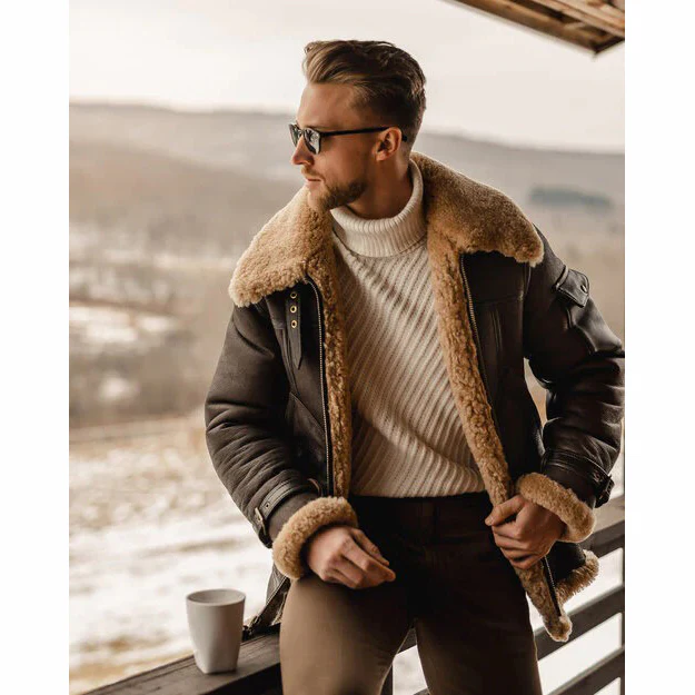 Men’s B3 Shearling Leather Jacket - Vintage Aviator Bomber Coat | MSJ4 - Image 2