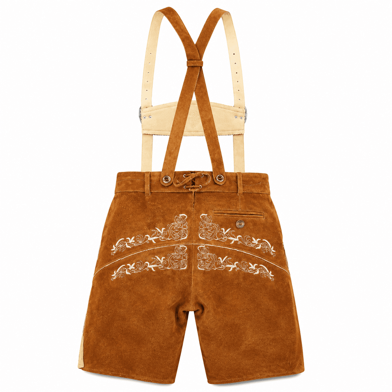 Back view of Trachten Short Lederhosen Real Shaded Brown featuring embroidered rear panel and suspenders