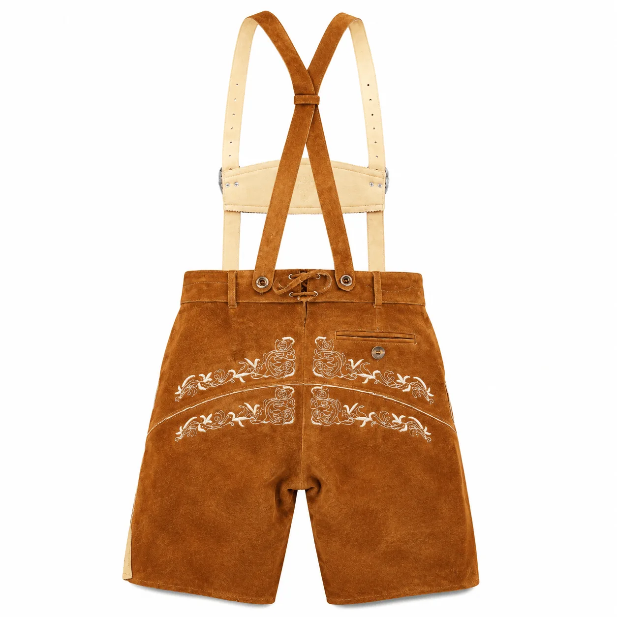 Back view of Trachten Short Lederhosen Real Shaded Brown featuring embroidered rear panel and suspenders