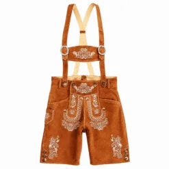 Trachten Short Lederhosen Real Shaded Brown with beige floral embroidery and adjustable suspenders