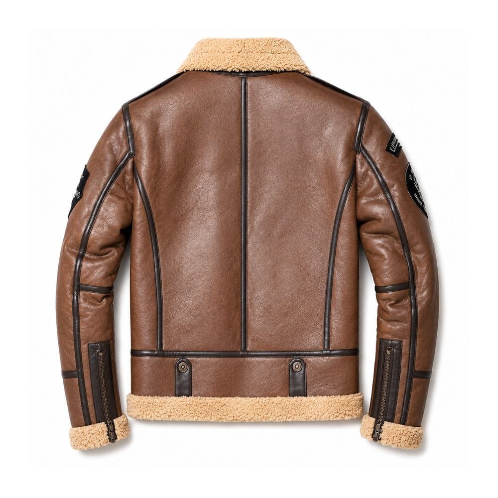Men's Genuine Leather Shearling Bomber Aviator Jacket Sheepskin Coat back side