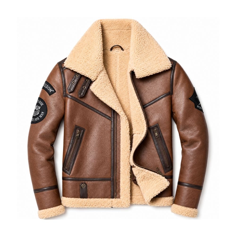 Men's Genuine Leather Shearling Bomber Aviator Jacket Sheepskin Coat Front Side