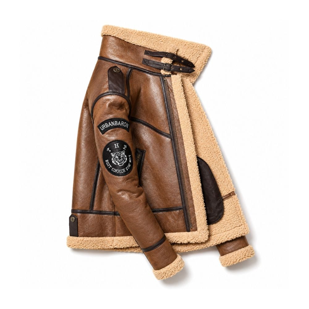 Men's Genuine Leather Shearling Bomber Aviator Jacket Sheepskin Coat side view
