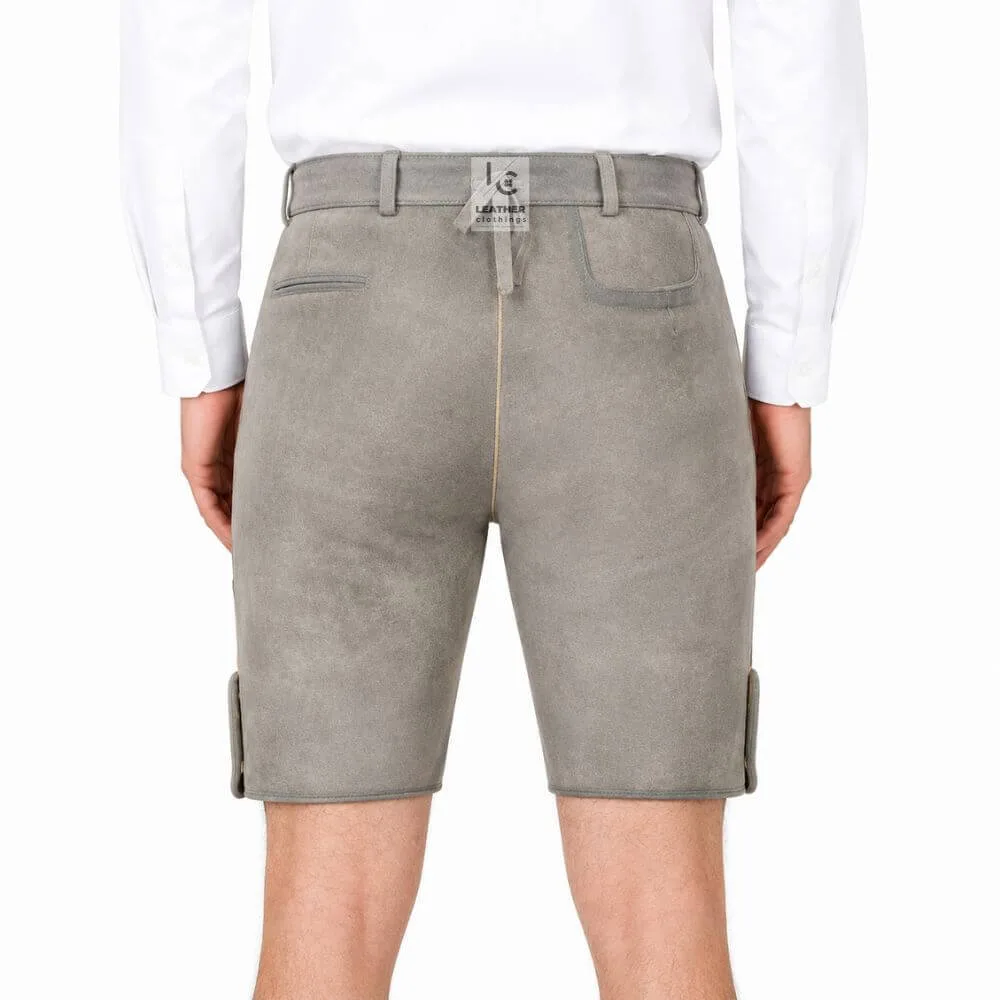 Back view of Men’s Grey Leather Lederhosen with adjustable waist lace