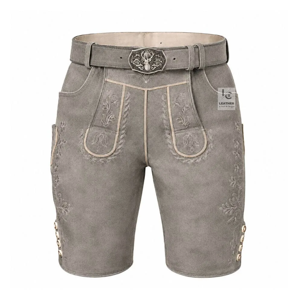 Men’s Grey Leather Lederhosen featuring floral embroidery
