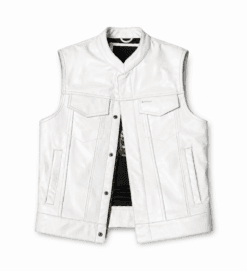 Men's White Leather Motorcycle Vest with Stand Collar in genuine leather