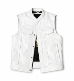 Men's White Leather Motorcycle Vest with Stand Collar in genuine leather