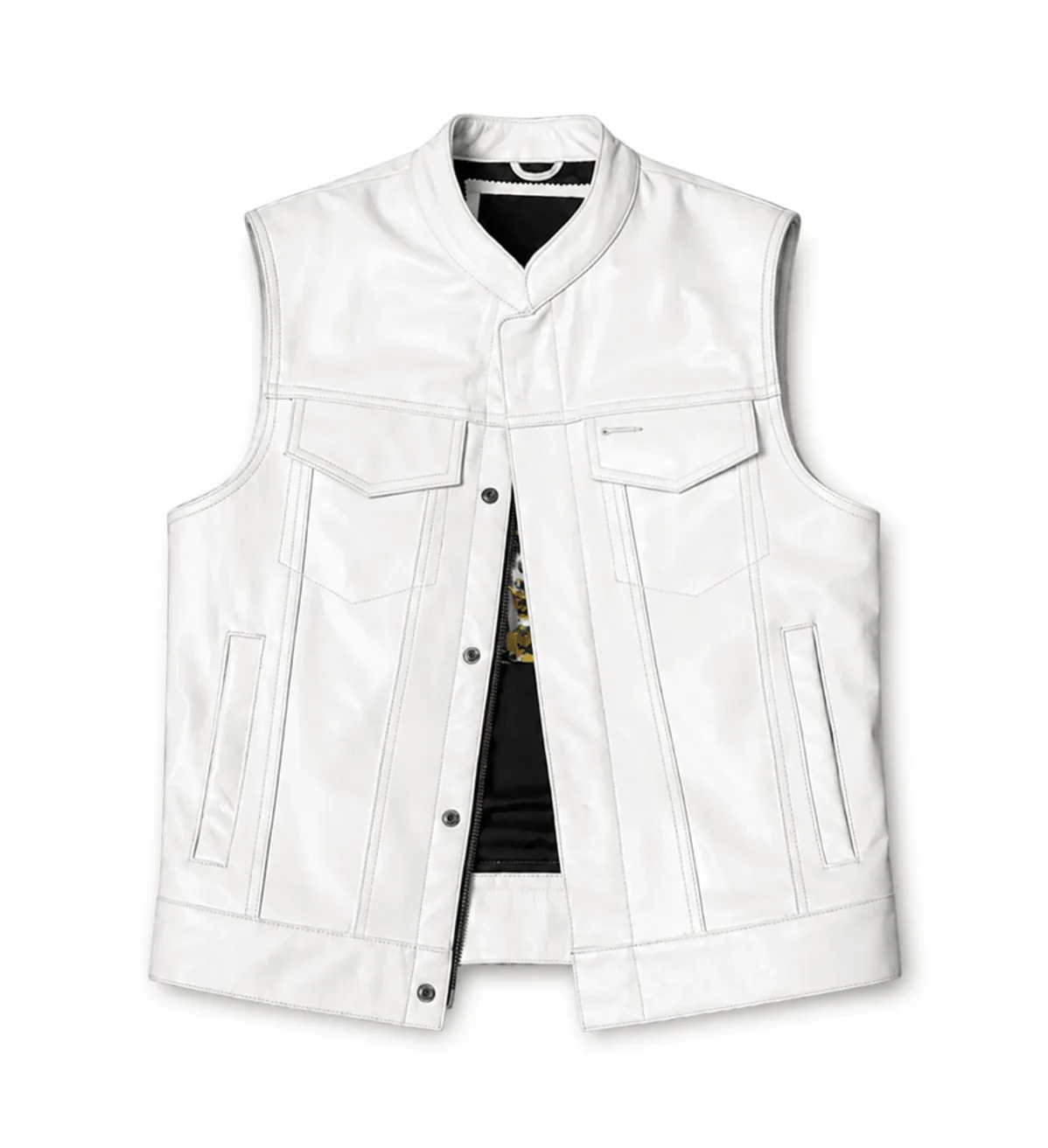 Men's White Leather Motorcycle Vest with Stand Collar in genuine leather