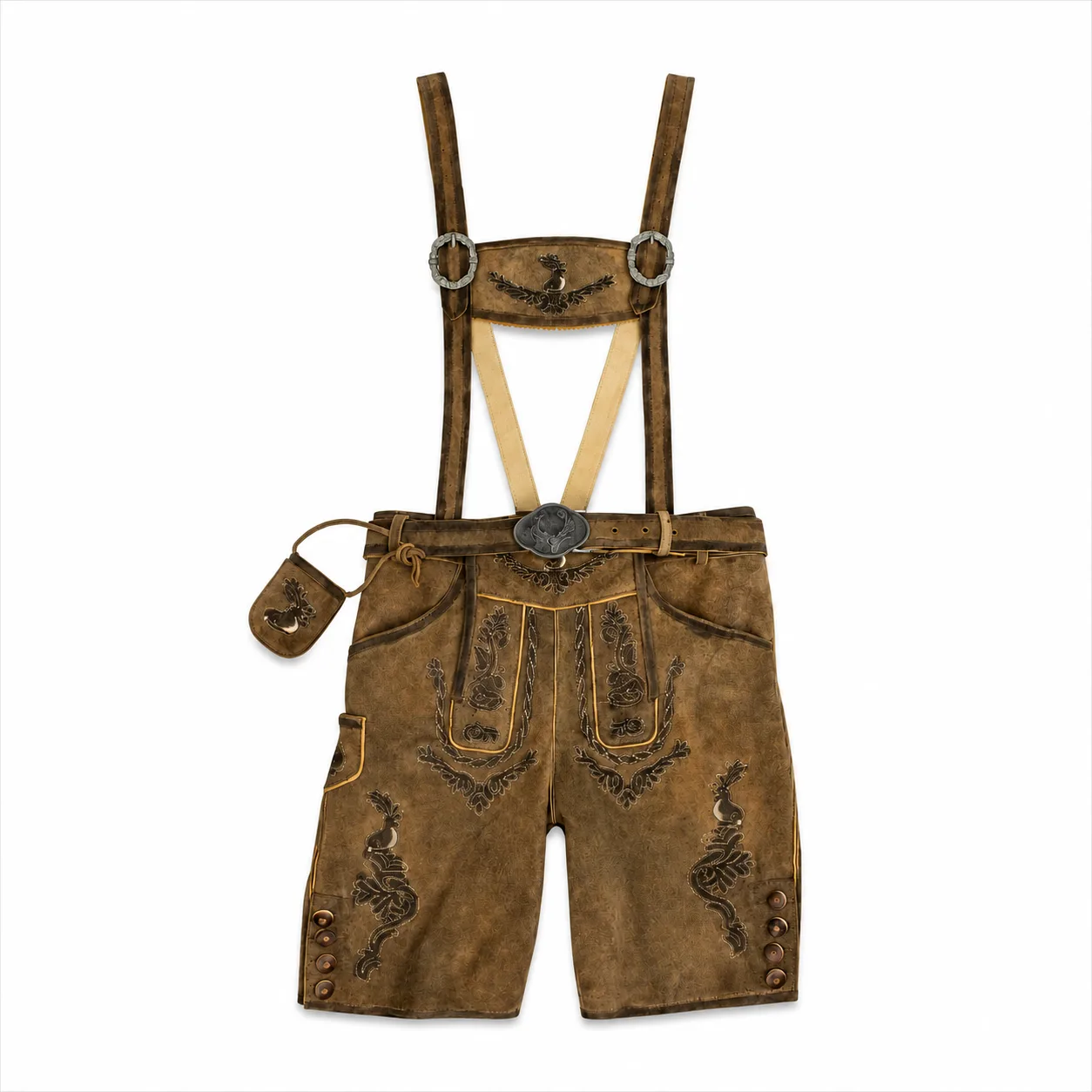Trachten Short Lederhosen Shaded Wild Brown with suspenders, decorative belt, and deer embroidery