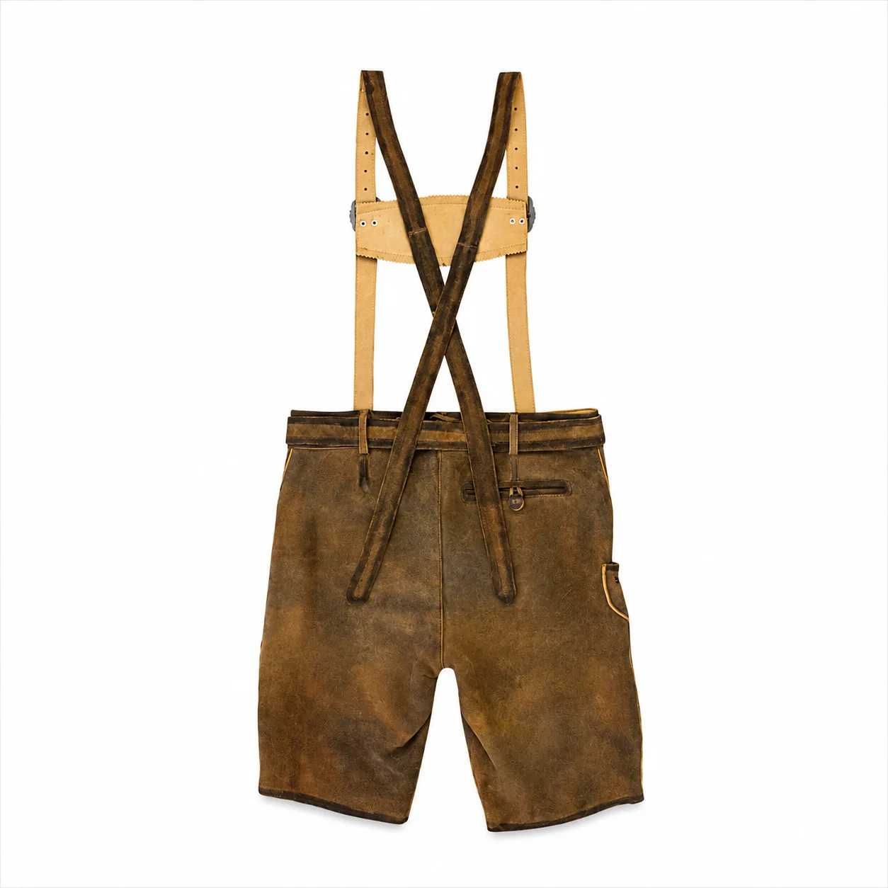 Back view of Trachten Short Lederhosen Shaded Wild Brown with crossed suspenders