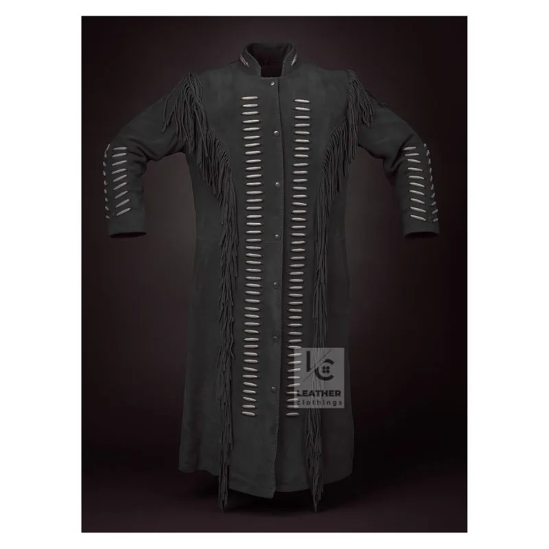 womens black suede fringe coat