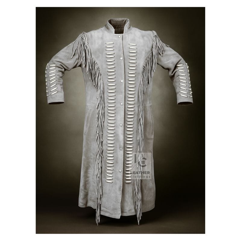 Mens Native American Long Coat - Fringe suede Coat