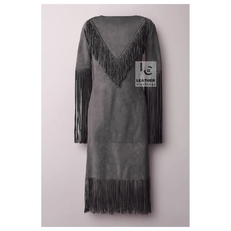 Womens Boho Suede Fringe Dress – Handmade Western Fashion Dress