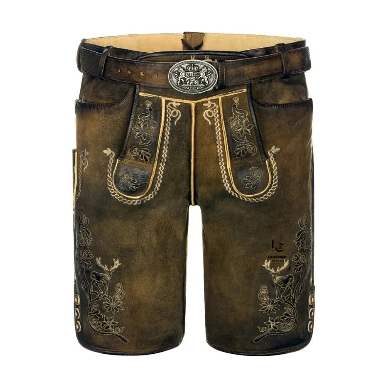 Men Traditional Lederhosen in Brown genuine leather with deer embroidery and antique belt