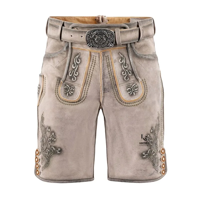 Bavarian Lederhosen for Men in light stone grey genuine leather with charcoal grey embroidery for Oktoberfest