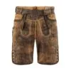 Men's Brown Lederhosen Oktoberfest in distressed suede leather with Alpine scroll embroidery and vintage belt