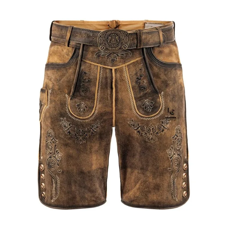 Men's Brown Lederhosen Oktoberfest in distressed suede leather with Alpine scroll embroidery and vintage belt