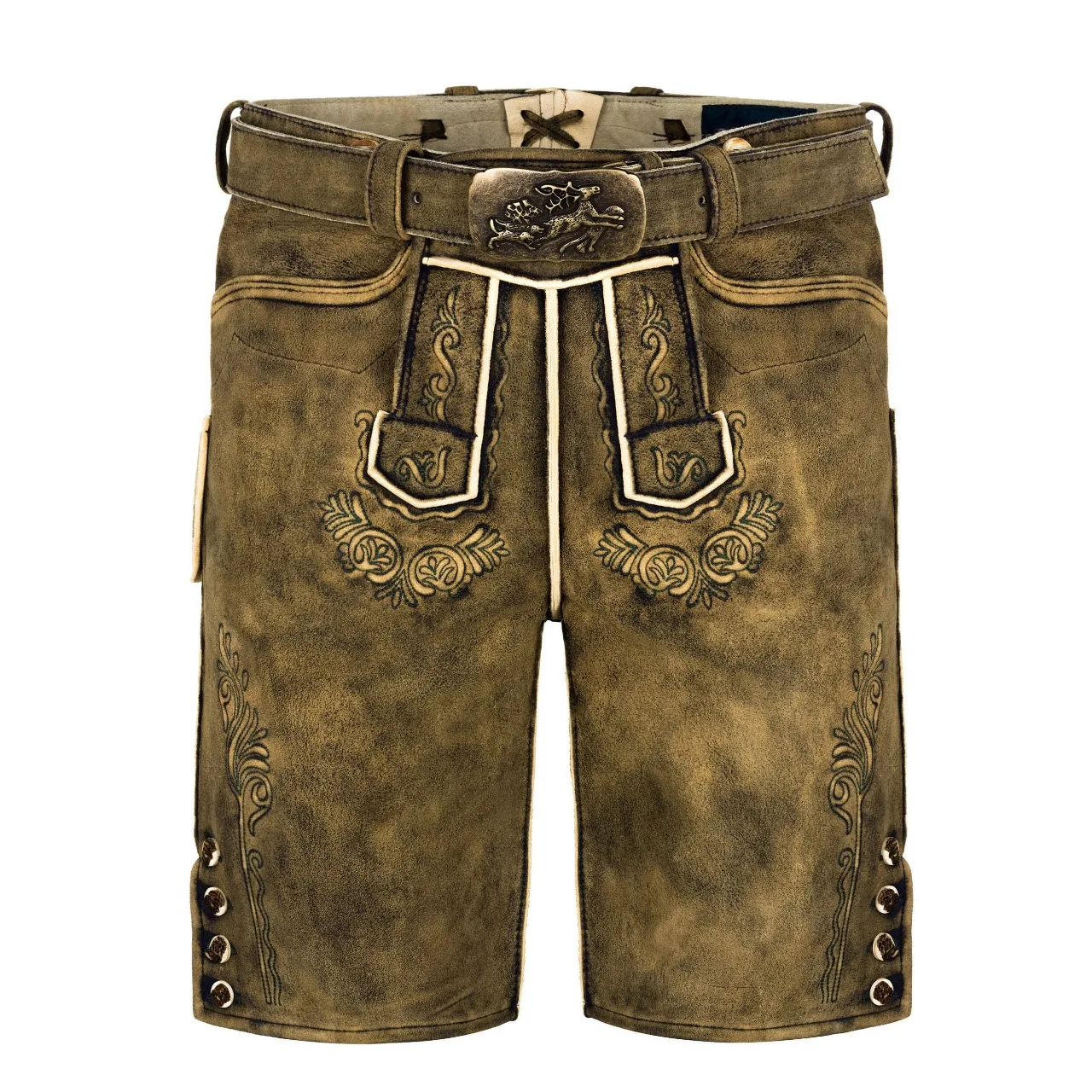 Men's Brown Traditional Lederhosen handcrafted from genuine leather with Bavarian embroidery and leather belt