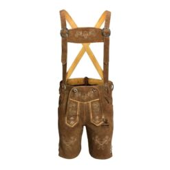 Men’s traditional brown German Lederhosen shorts with beige embroidery and adjustable cross-back suspenders, made from genuine suede leather, ideal for Oktoberfest and Bavarian cultural festivals.