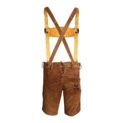 Men’s traditional brown German Lederhosen shorts with beige embroidery and adjustable cross-back suspenders, made from genuine suede leather, ideal for Oktoberfest and Bavarian cultural festivals.