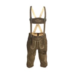 Men’s traditional brown German Lederhosen with beige embroidery and adjustable cross-back suspenders, made from genuine suede leather, ideal for Oktoberfest and Bavarian festivals