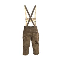 Men’s traditional brown German Lederhosen with beige embroidery and adjustable cross-back suspenders, made from genuine suede leather, ideal for Oktoberfest and Bavarian festivals