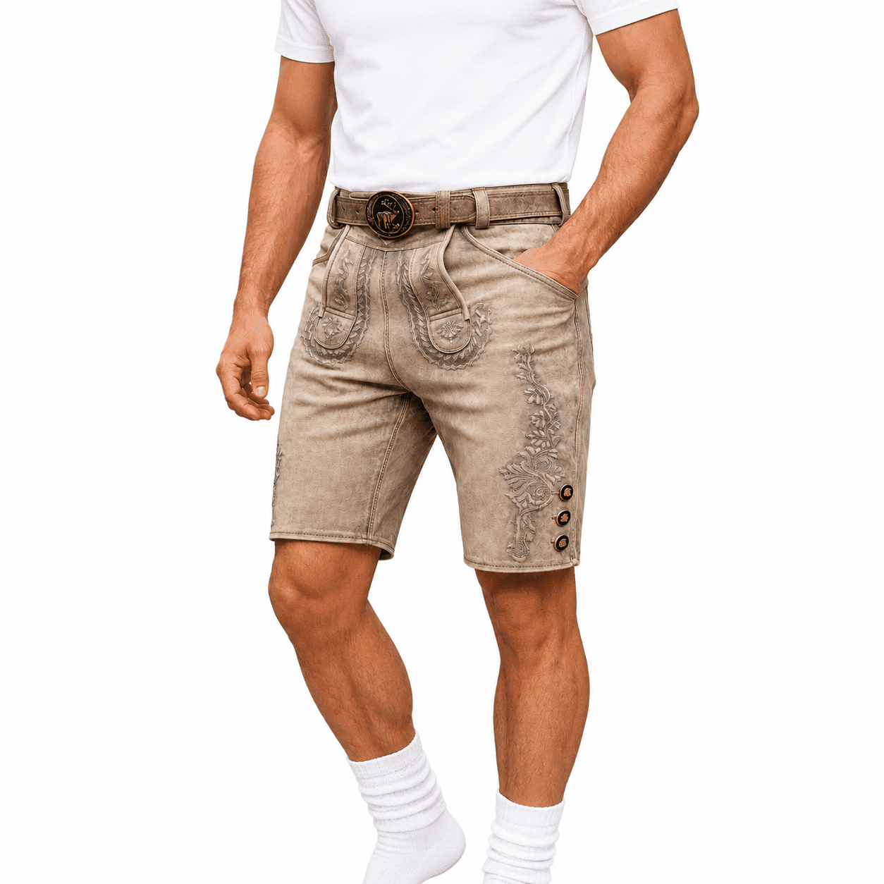 Authentic Men's Bavarian Lederhosen Shorts in distressed stone taupe genuine leather