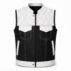 Men's Leather Denim Biker Vest with Diamond Quilted Yoke in white leather and black denim