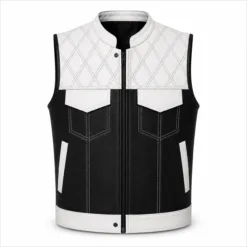 Men's Leather Denim Biker Vest with Diamond Quilted Yoke in white leather and black denim