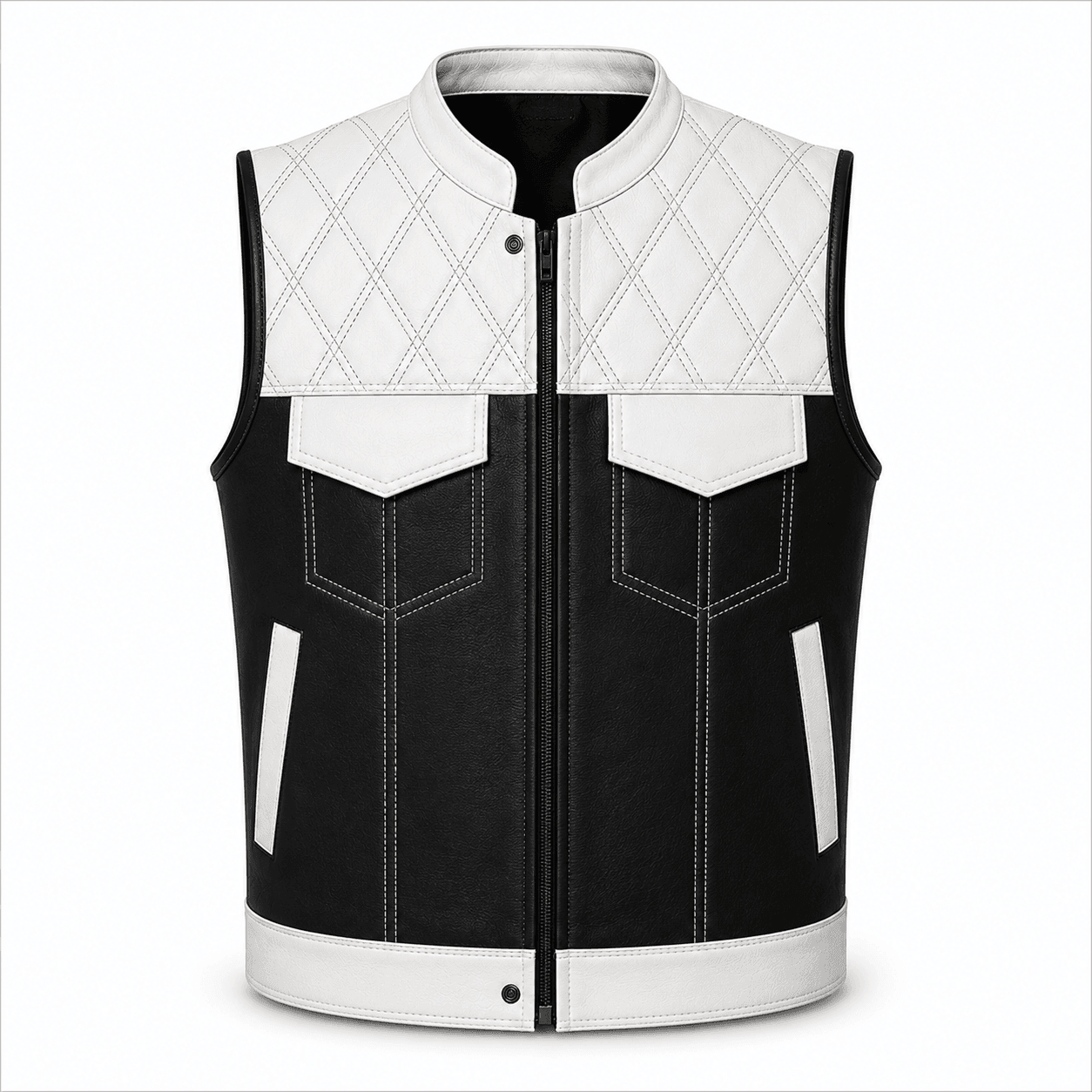 Men's Leather Denim Biker Vest with Diamond Quilted Yoke in white leather and black denim