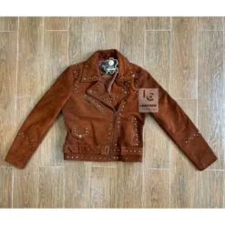 Women’s cognac suede studded western moto jacket with asymmetrical zipper and waist belt