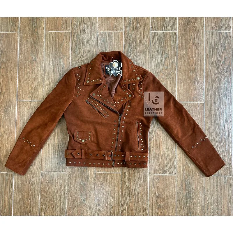 Women’s cognac suede studded western moto jacket with asymmetrical zipper and waist belt