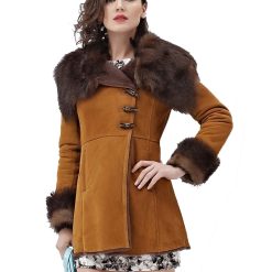 Womens Shearling Sheepskin Coat with Fur Collar