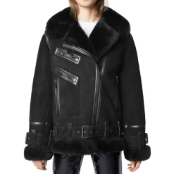 Womens Black Shearling Leather Jacket - Bomber Jacket