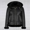 Womens Shearling Leather Jacket - B3 Bomber Jacket - Hooded Jacket