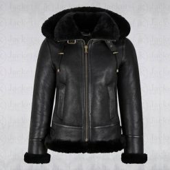Womens Shearling Leather Jacket - B3 Bomber Jacket - Hooded Jacket
