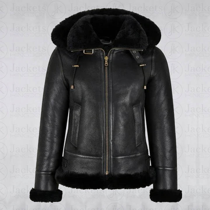 Womens Shearling Leather Jacket - B3 Bomber Jacket - Hooded Jacket
