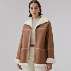 Womens Sheepskin Aviator Shearling Jacket Coat