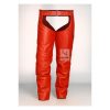 Men’s red leather motorcycle chaps with adjustable belt, laced back panel, and snap‑closure legs
