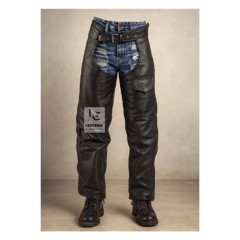 Black Leather Assless Chaps with Side Zipper