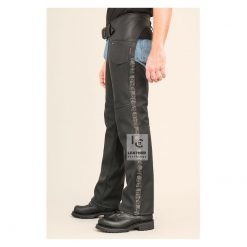 Men's Motorcycle Leather Chaps with Skull Embossed Side Stripes