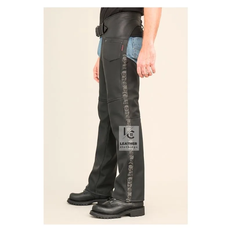 Men's Motorcycle Leather Chaps with Skull Embossed Side Stripes