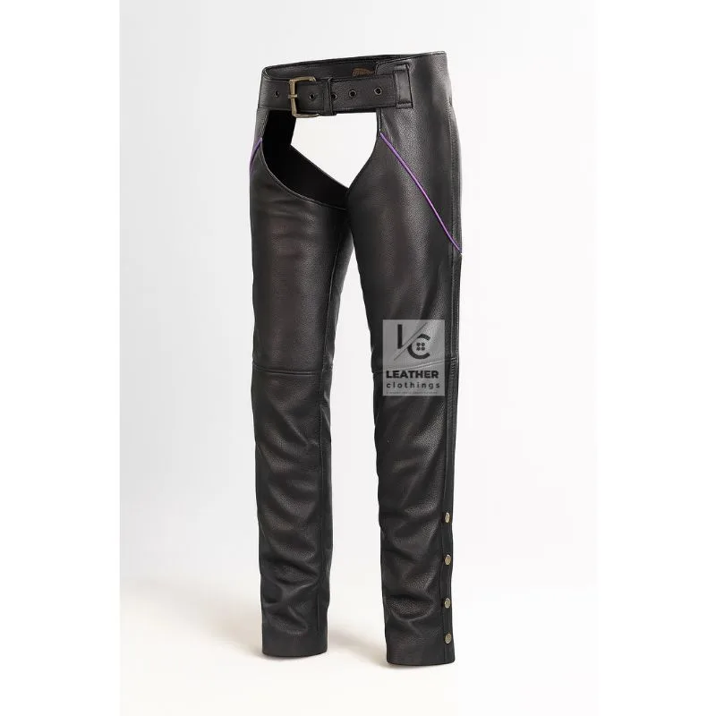 Black Assless Leather Chaps With Purple Piping