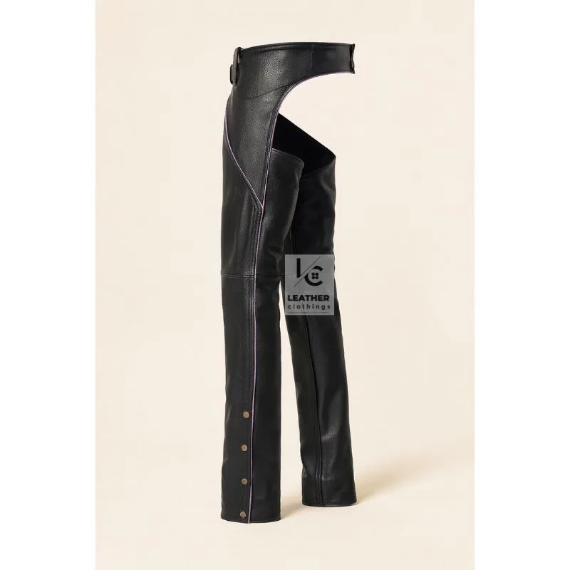 Black Assless Leather Chaps With Purple Piping