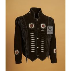 Black Suede Military Jacket with Fringes & Beads