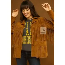 Women’s brown suede western long fringe jacket with chest, back and sleeve fringe