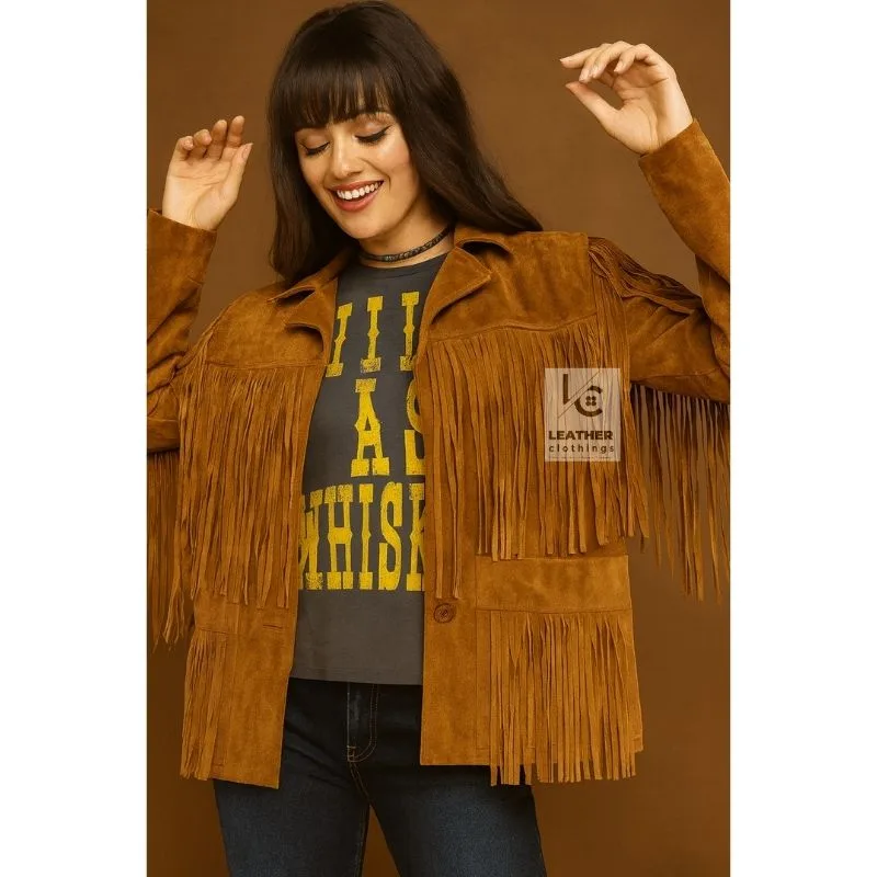 Women’s brown suede western long fringe jacket with chest, back and sleeve fringe