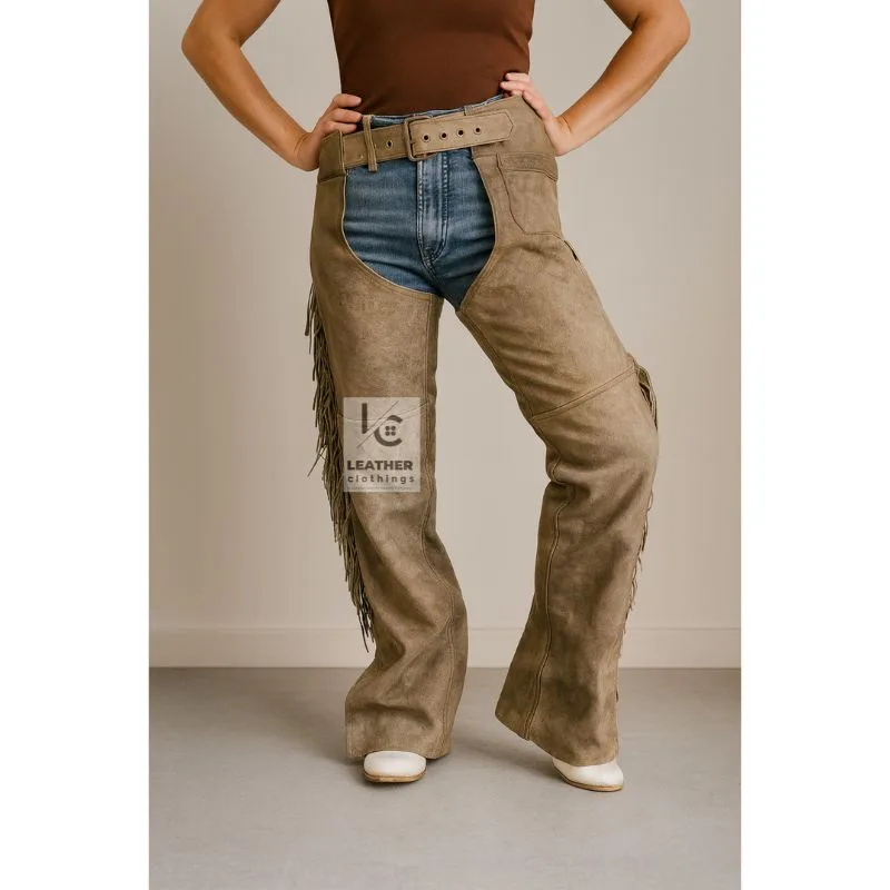 Distressed Brown Leather Motorcycle Chaps for Women's